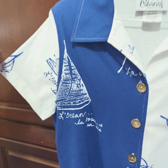 Women's Copa Cabana Sailboats USA Blouse Size Petite Sm Short Sleeve Button Up - Picture 3 of 10